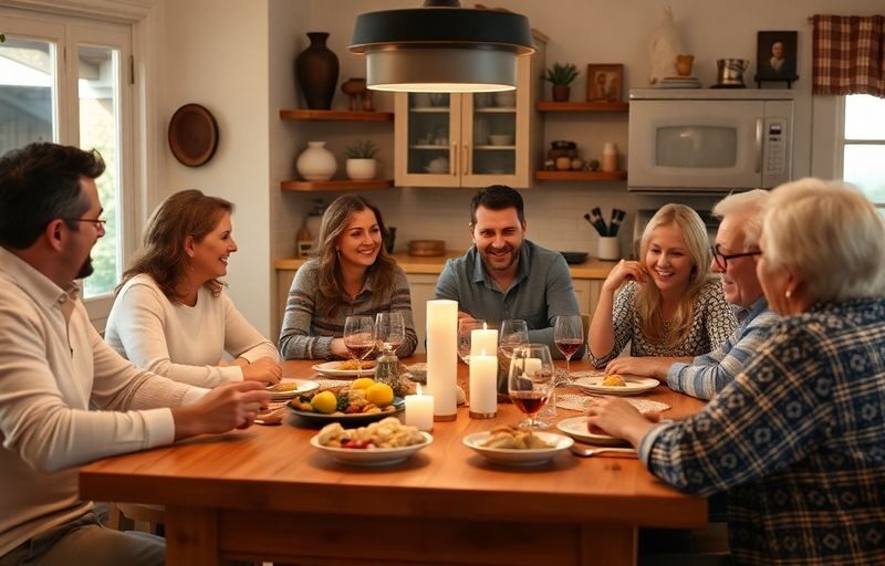 Diverse group of people around a kitchen table sharing stories.