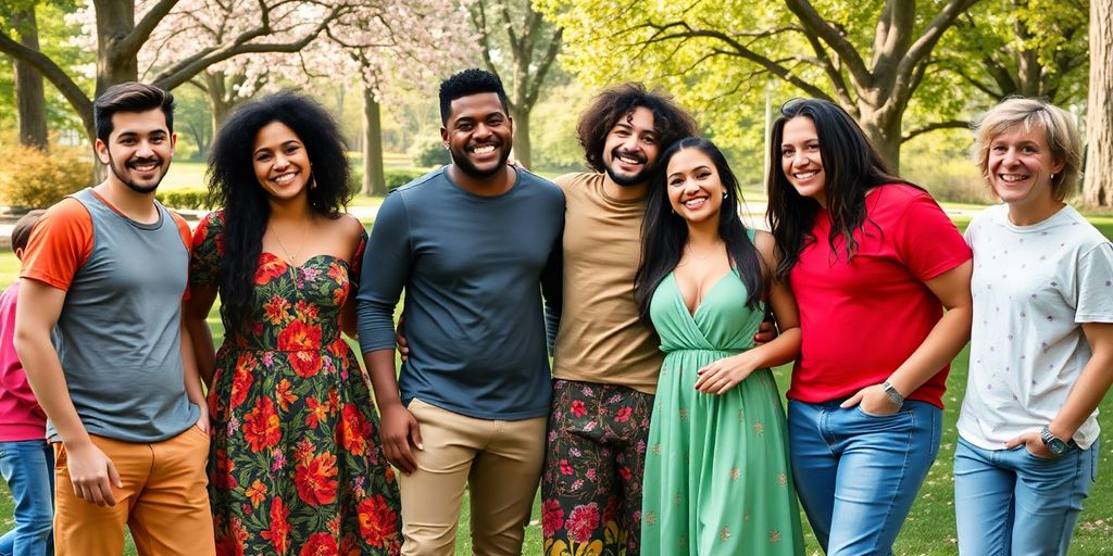 Diverse group of people celebrating love in a park.