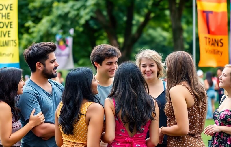 Diverse group of people celebrating love in a park.
