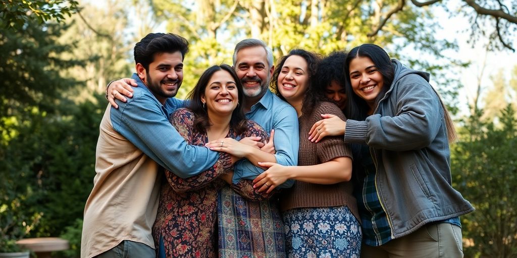 Diverse group of people embracing in a natural setting.