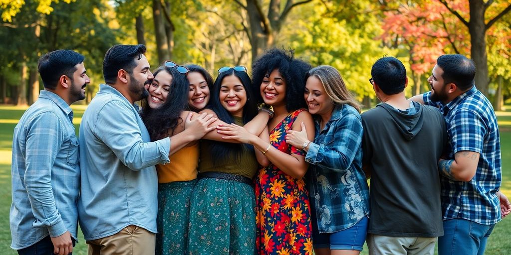 Diverse group of people embracing in a sunny park.