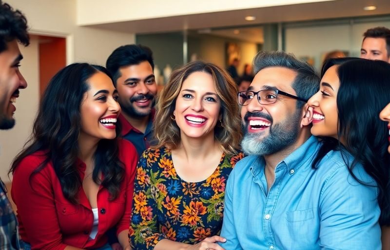 Diverse group of people engaging in lively conversation outdoors.