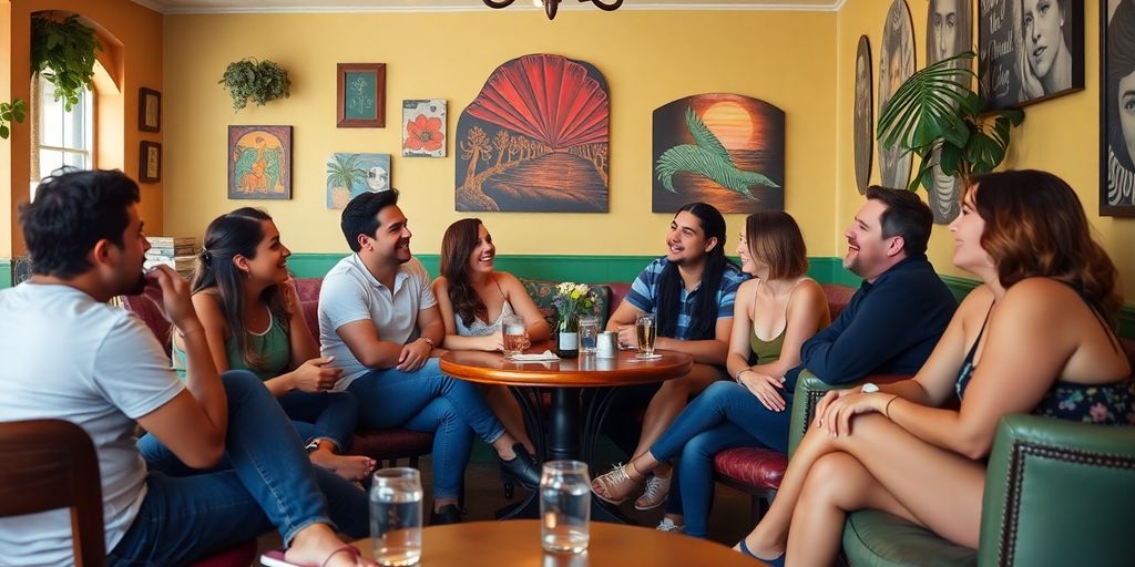 Diverse group of people enjoying a caf&eacute; setting together.