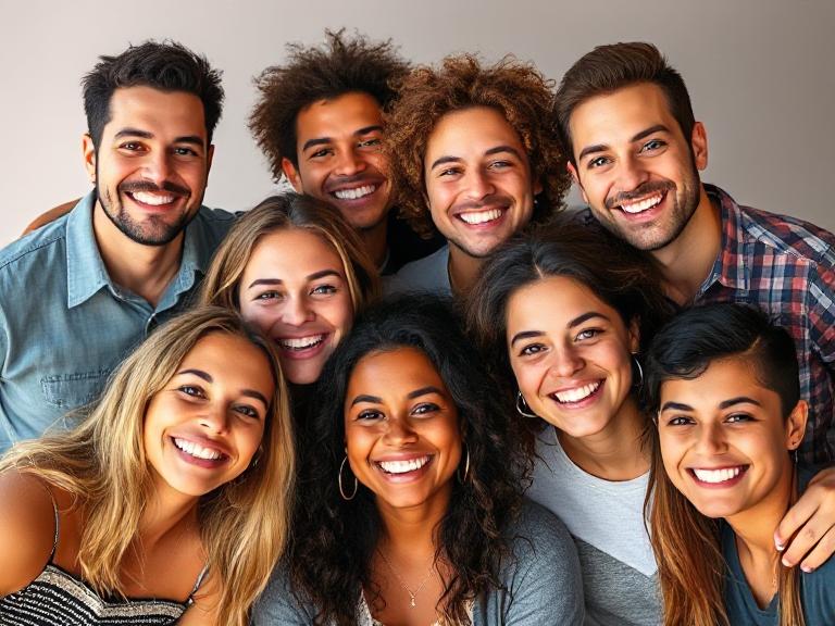 Diverse group of smiling people representing polyamory and community.