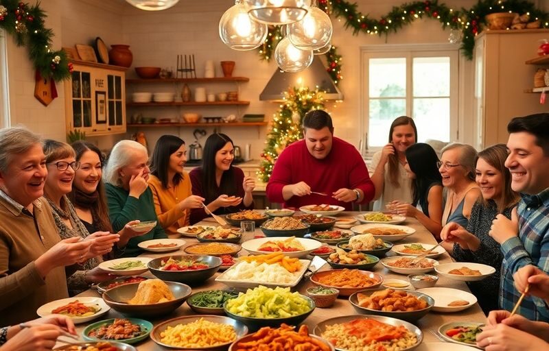 Diverse group sharing a festive meal in a cozy kitchen.