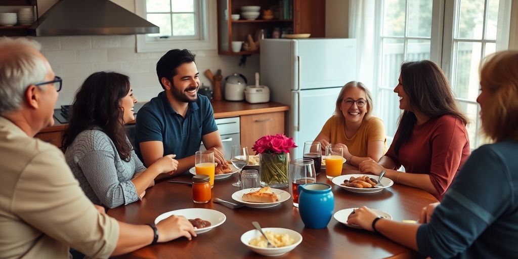Diverse group sharing a meal around a round kitchen table.