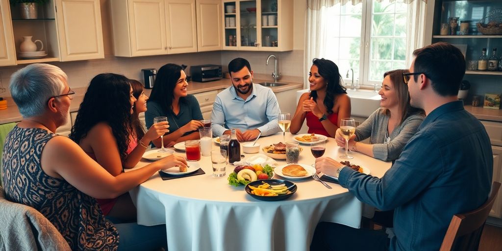 Diverse group sharing food and conversation at a kitchen table.