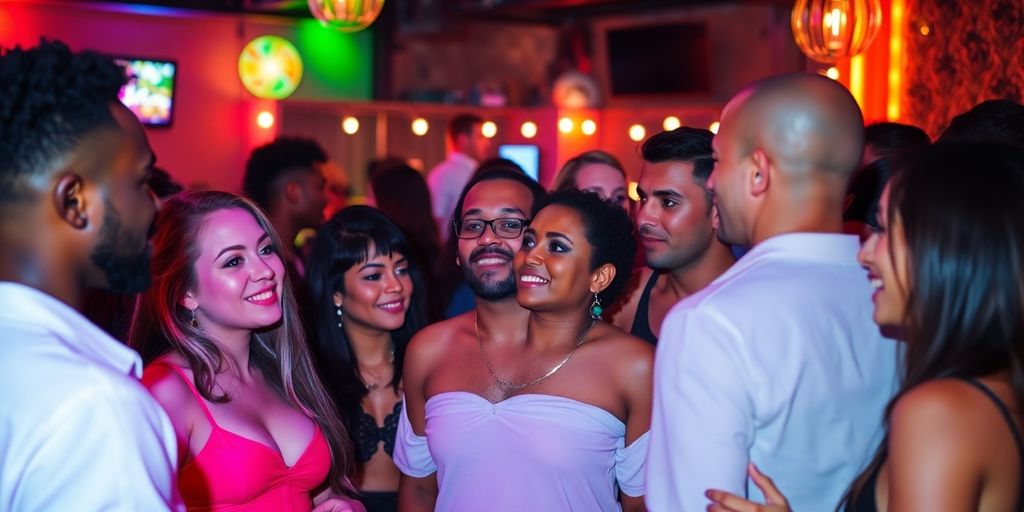 Diverse group socializing in a colorful sex club.