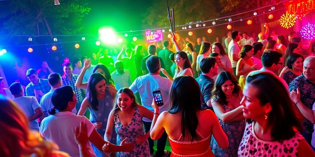 Diverse group swinging together at an outdoor dance event.