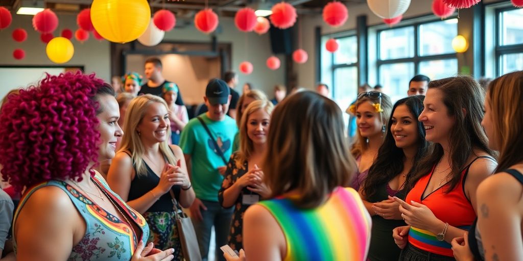 Diverse individuals at a community gathering discussing visibility.