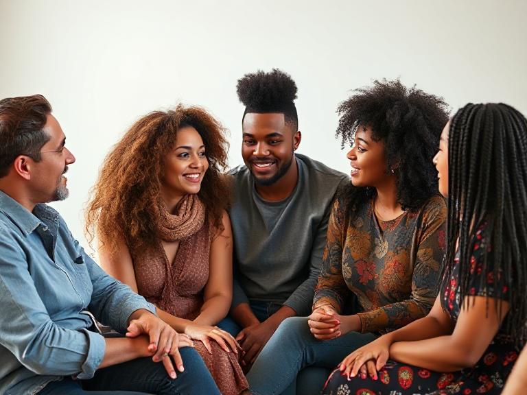 Diverse individuals discussing relationships and identities together.