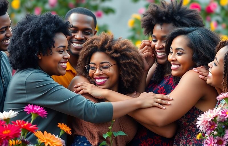 Diverse individuals embracing in a colorful, joyful setting.