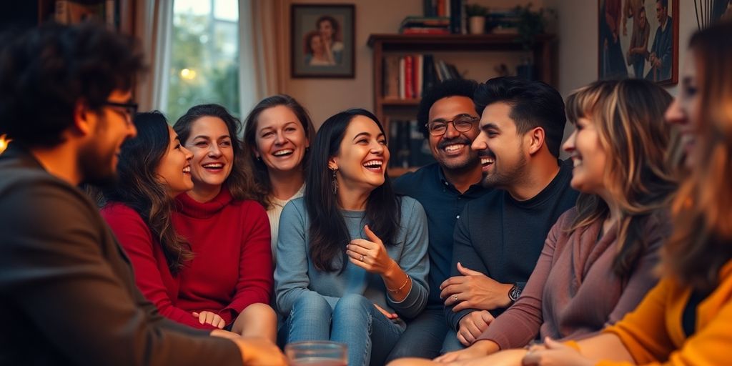 Diverse individuals enjoying time together in a cozy setting.