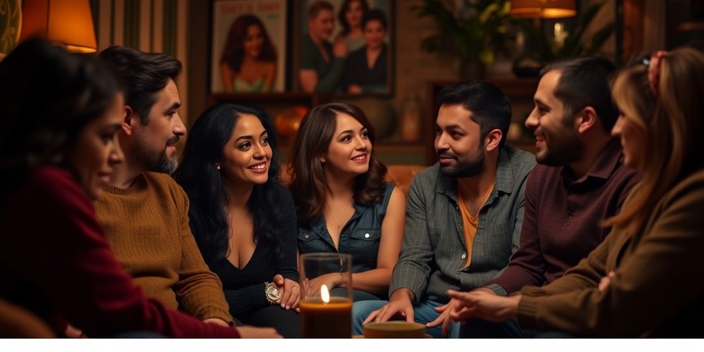 Diverse individuals in conversation about relationships and identity.