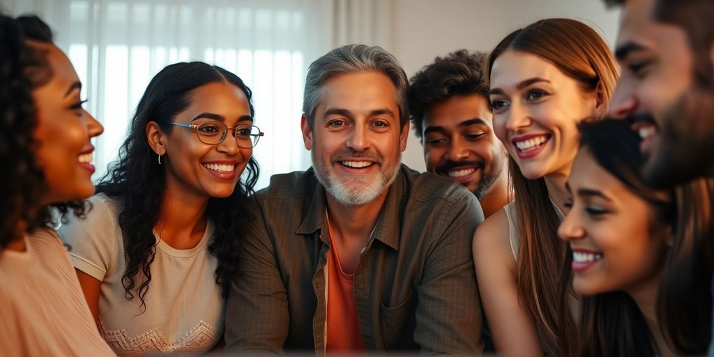 Diverse individuals interacting online in a warm atmosphere.