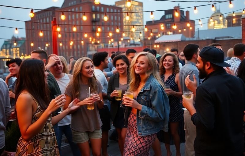 Diverse millennials enjoying a lively rooftop party in Brooklyn.
