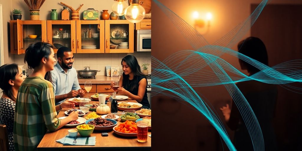 Diverse people at a kitchen table and intertwined lines.