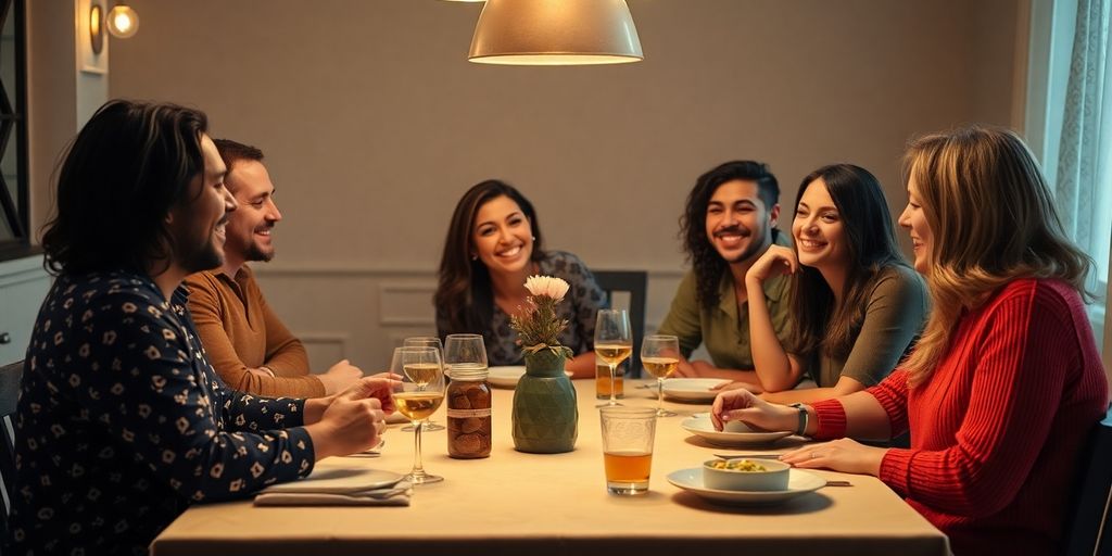 Diverse people communicating around a cozy dining table.