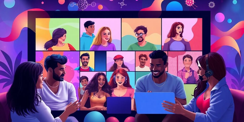 Diverse people connecting online in a vibrant community setting.