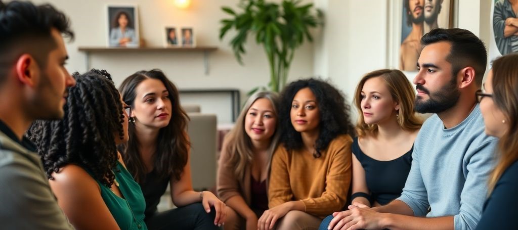 Diverse people discussing polyamory and mental health challenges.