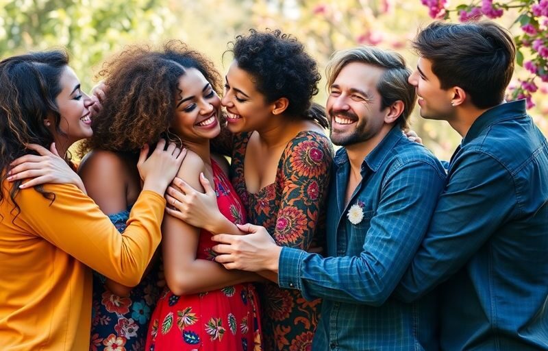 Diverse people embracing in a colorful, joyful outdoor setting.
