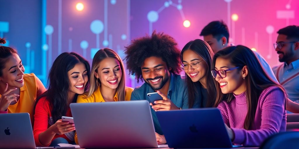 Diverse people engaging online in a lively virtual community.