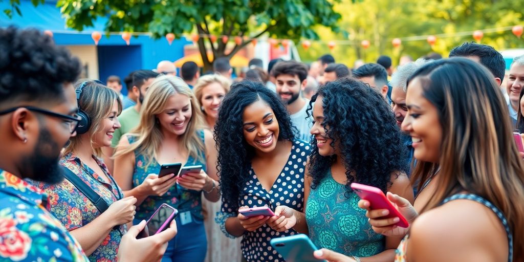Diverse people enjoying a digital gathering outdoors.