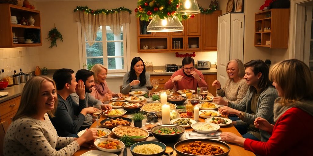 Diverse people gathered around a festive kitchen table.