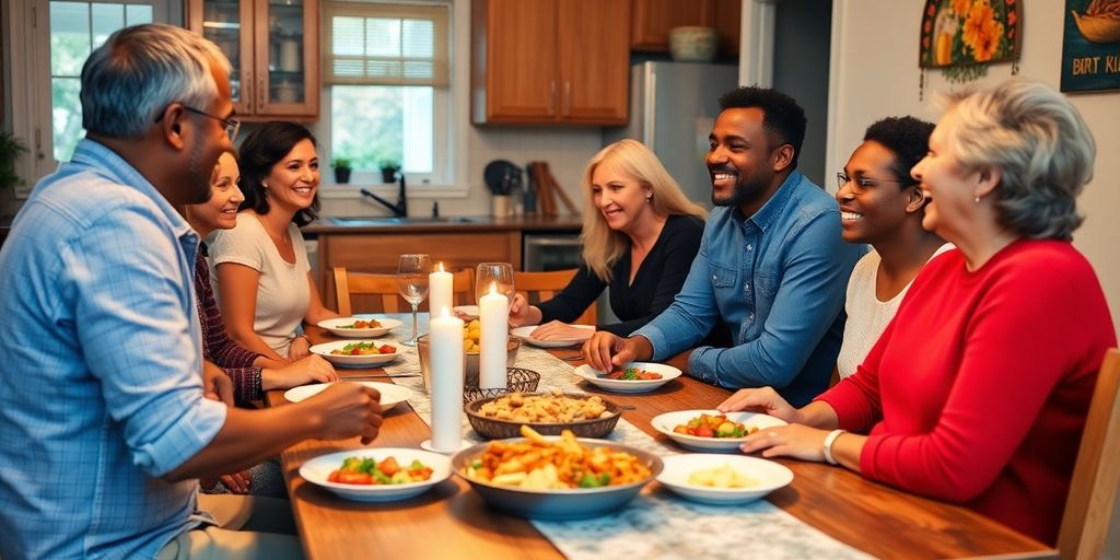 Diverse people gathered around a kitchen table sharing a meal.