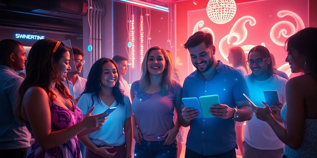 Diverse people interacting in a digital, futuristic setting.