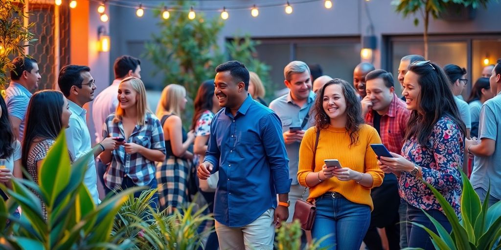 Diverse people socializing at a lively outdoor gathering.