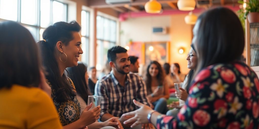 Diverse people socializing in an intimate club setting.