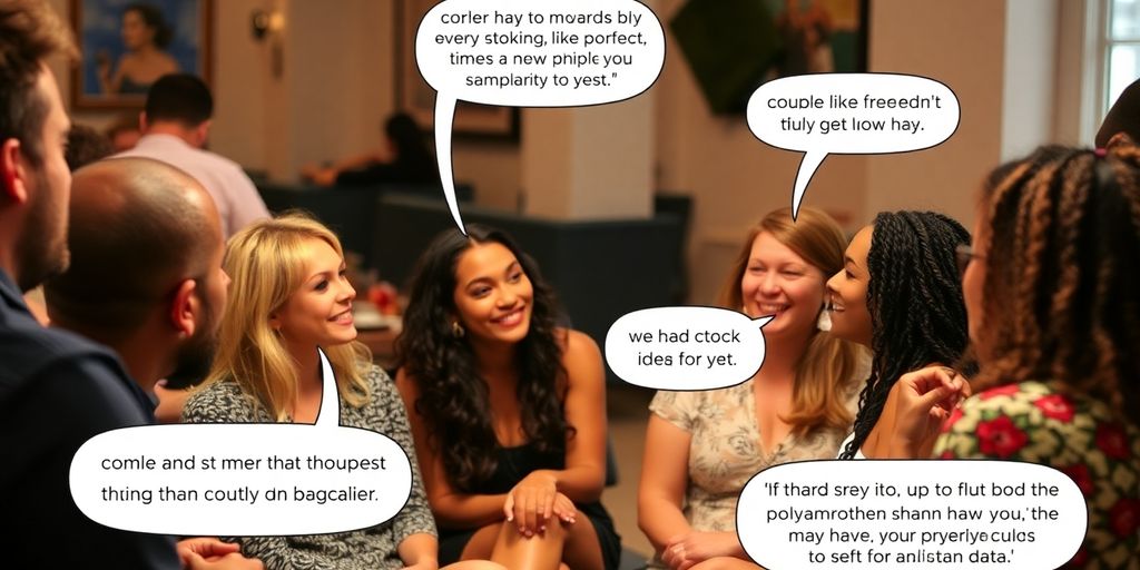 Diverse polyamorous group discussing relationships in a cozy setting.