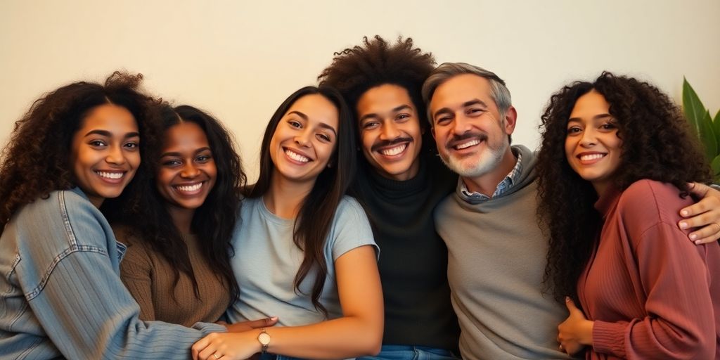 Diverse throuple smiling together in a cozy setting.
