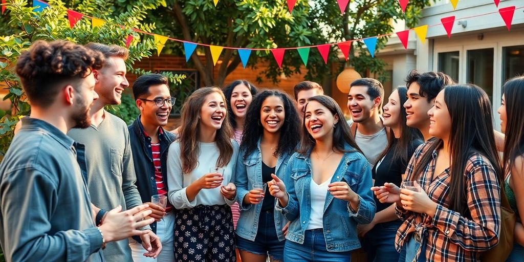 Diverse young adults at a lively outdoor gathering.