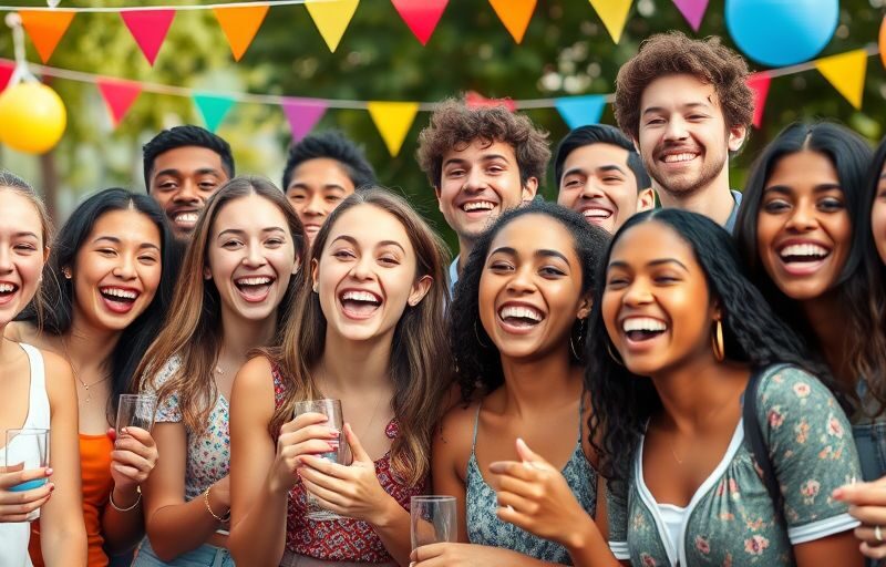 Diverse young adults celebrating together in an outdoor setting.