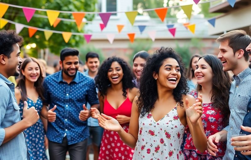 Diverse young adults dancing at a lively outdoor gathering.