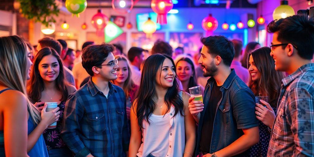 Diverse young adults engaging in a lively social gathering.