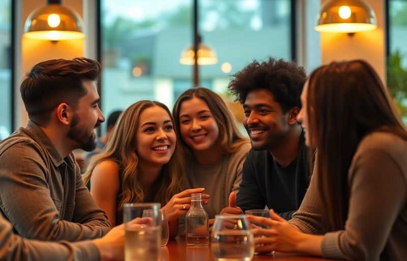 Diverse young adults enjoying a casual conversation in a cafe.