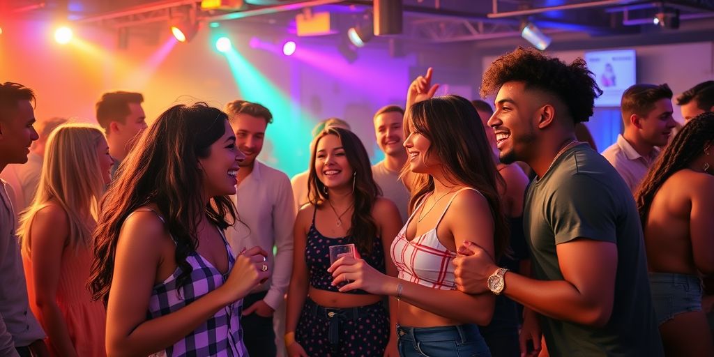 Diverse young adults enjoying a lively, inclusive party atmosphere.