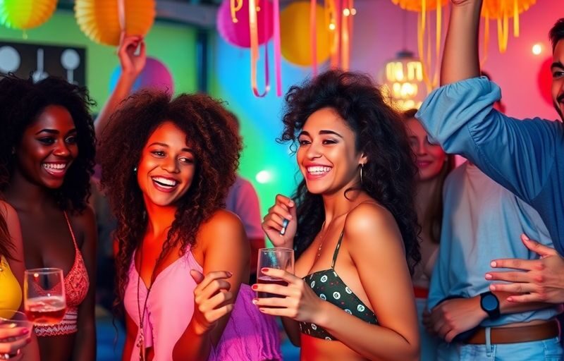 Diverse young adults enjoying a lively party atmosphere.