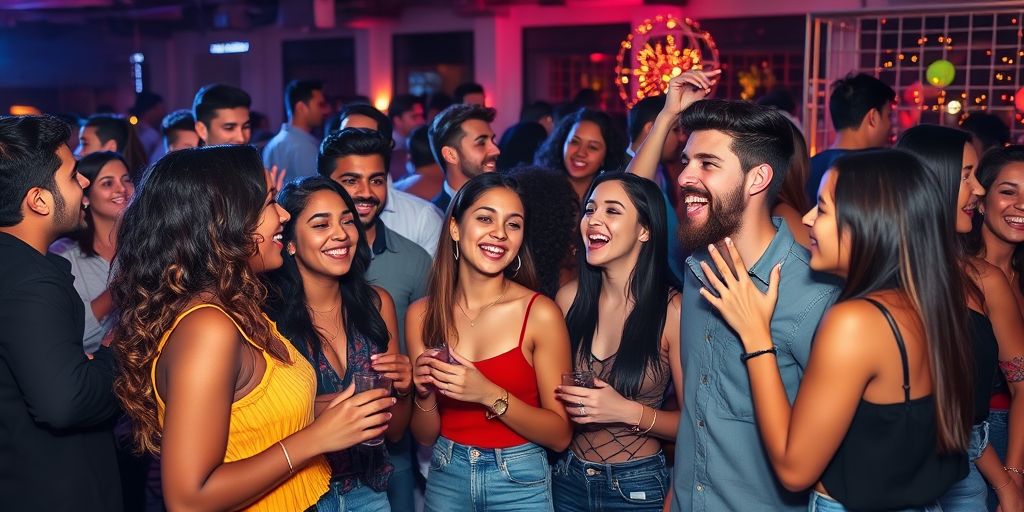 Diverse young adults enjoying a lively social event.