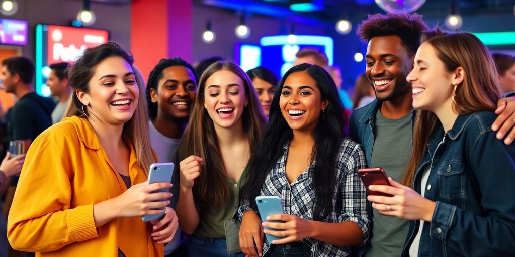 Diverse young adults enjoying a lively social gathering.