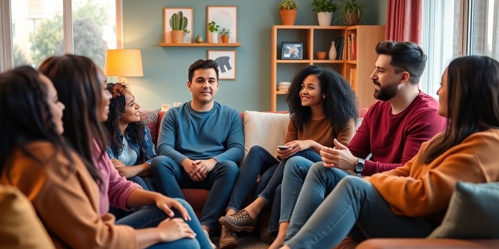 Diverse young adults in a cozy living room discussing relationships.