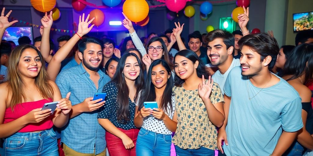 Diverse young adults socializing at a lively party.