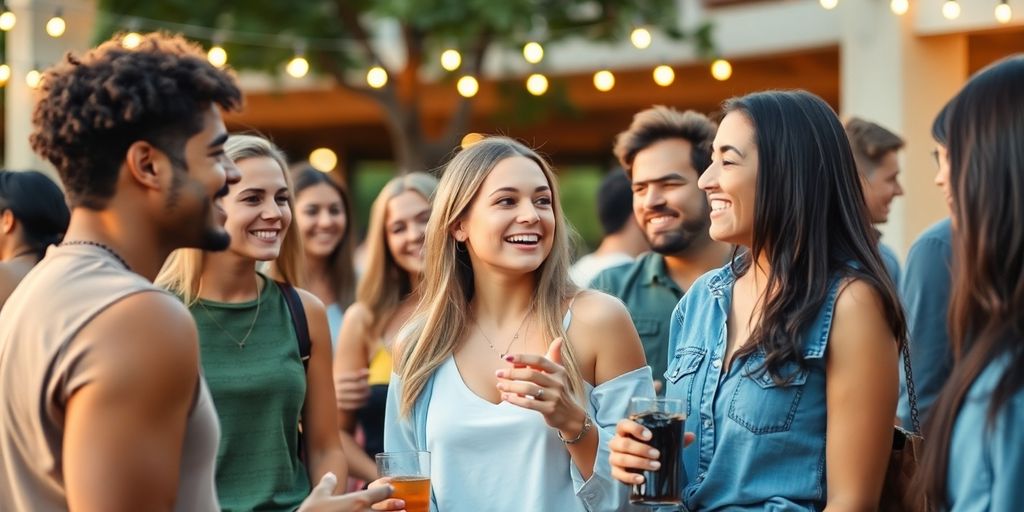 Diverse young adults socializing in a lively outdoor setting.