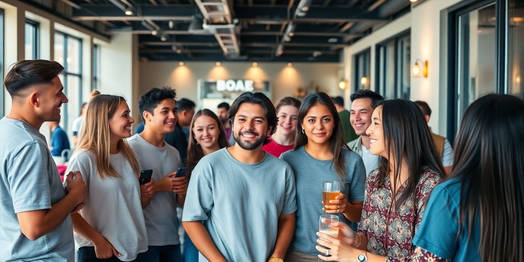 Diverse young adults socializing in a modern lounge.