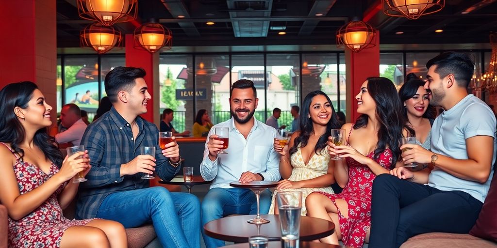 Diverse young couples socializing in a stylish lounge setting.