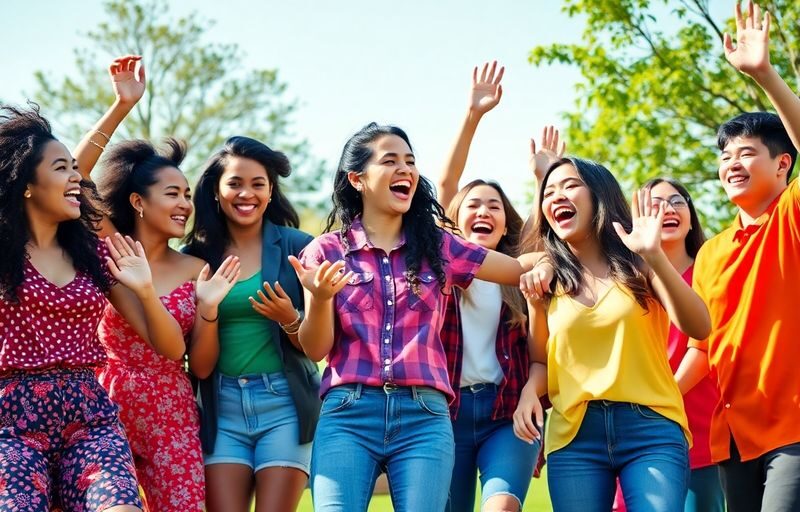 Diverse youth dancing together in a joyful outdoor setting.