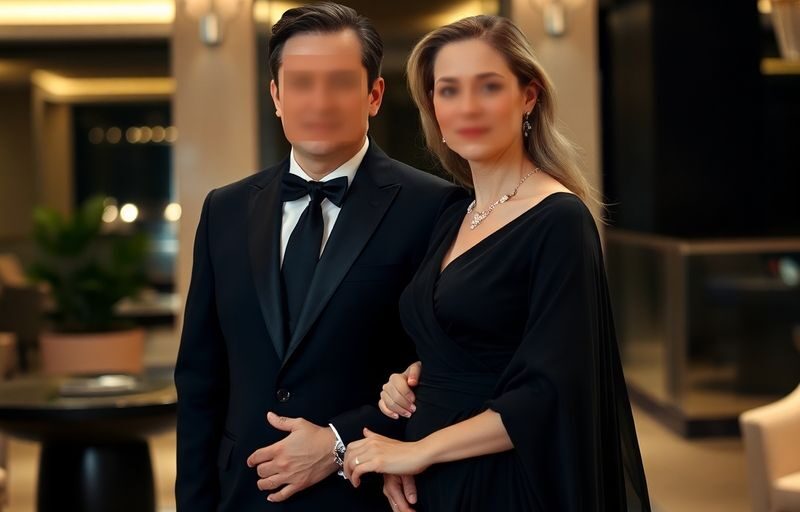 Elegant couple, blurred faces, posing professionally.